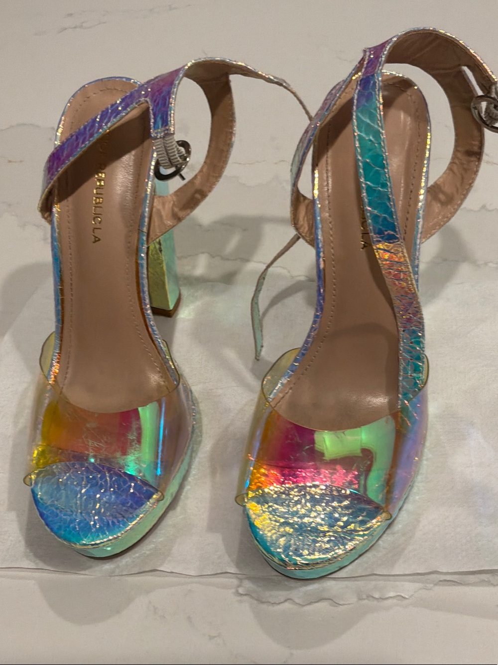 bebe Iridescent Multi-Color Open-Toe Block Heel Sandals